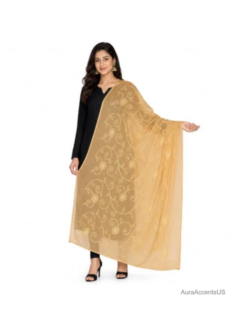 Women's Embroidered Chiffon Dupatta Lightweight Sheer Ethnic Chunni Stole Wrap